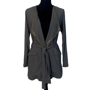 LA Made Womens XS Rayon Gray Tie Waist Open Front Cardigan Studded Kimono Jacket